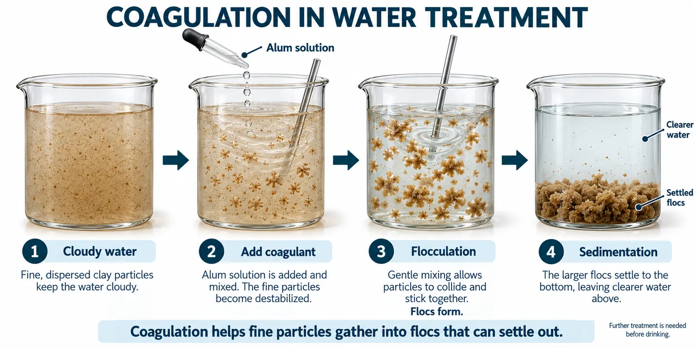 Four beakers: cloudy water, alum added, flocs forming during gentle mixing, and flocs settled at the bottom with clearer water above