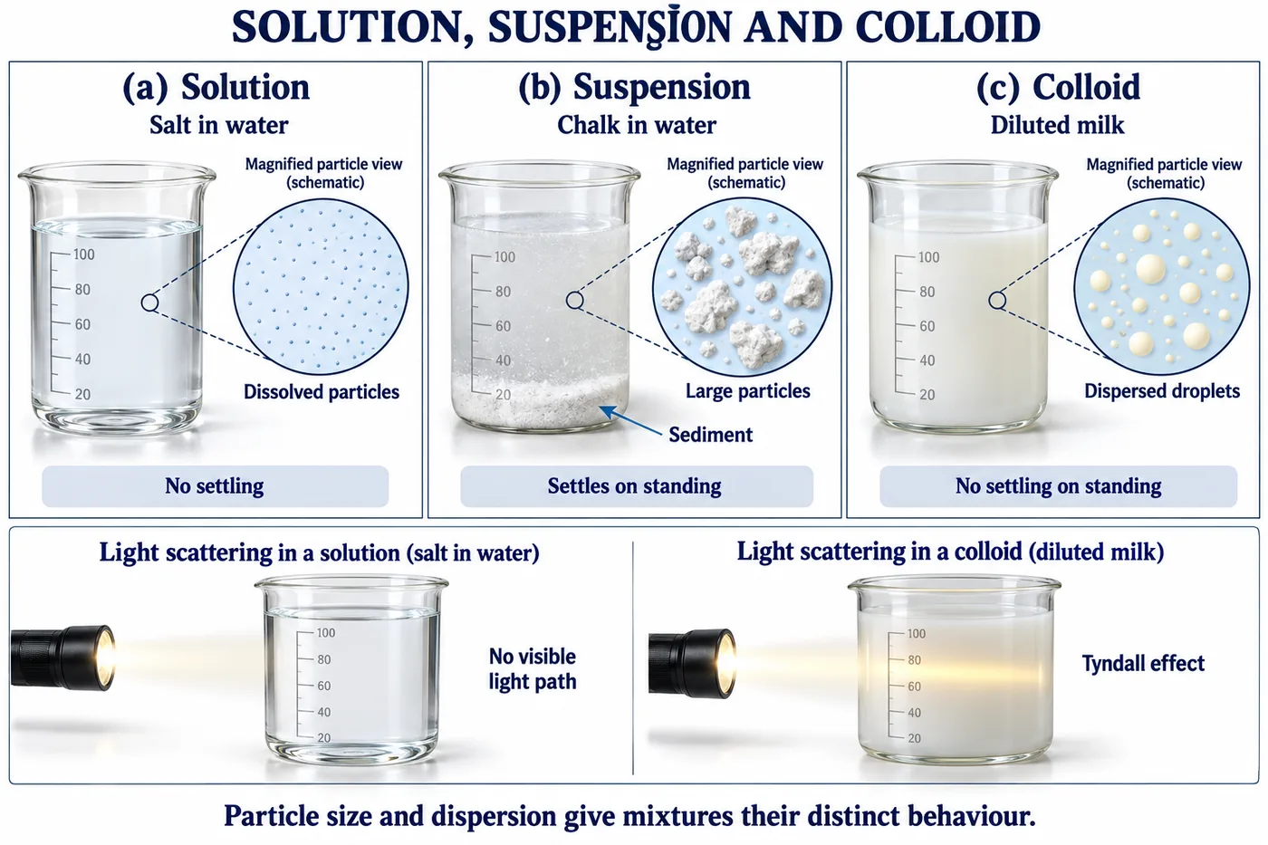 Salt in water as a solution with no settling, chalk in water as a suspension that settles, diluted milk as a colloid that does not settle, and a torch beam showing no visible path in the solution but a visible path in the colloid