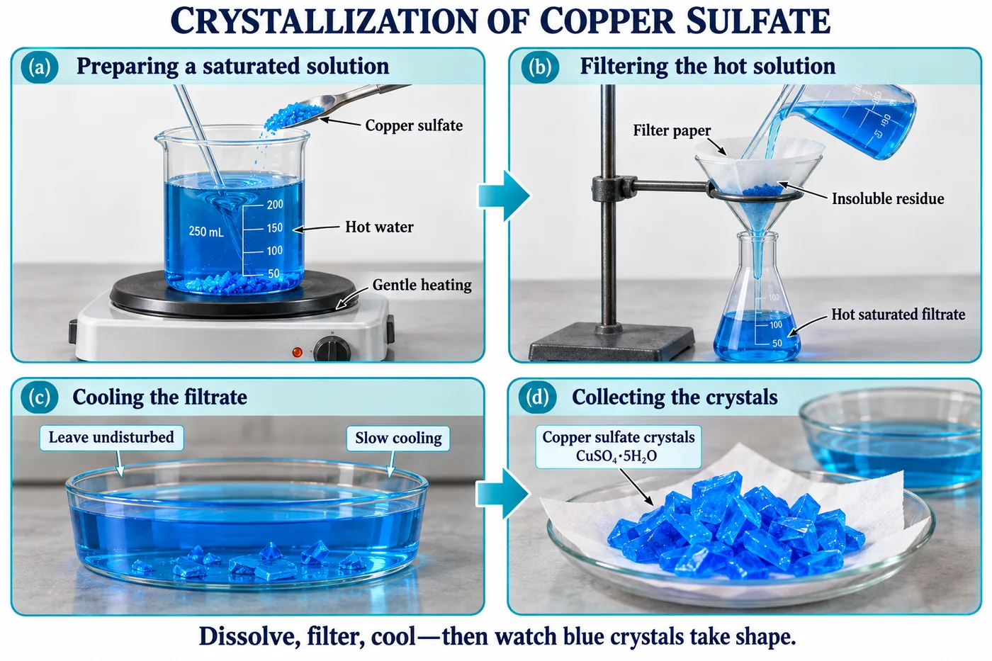 Preparing a hot saturated copper sulphate solution, filtering it, cooling the filtrate and collecting blue crystals