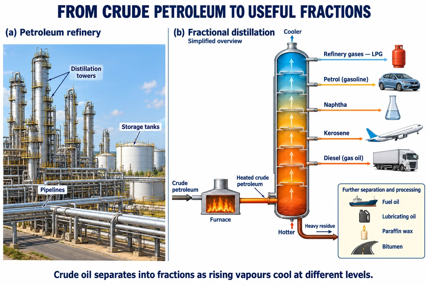 A petroleum refinery and a simplified fractional distillation column separating refinery gases, petrol, naphtha, kerosene, diesel and heavy residue