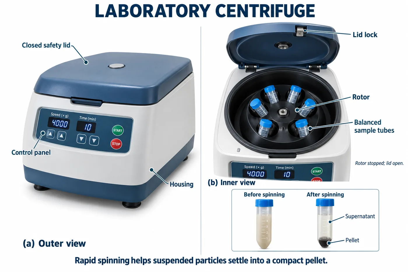 A laboratory centrifuge with closed lid, control panel, rotor with balanced sample tubes, and a tube before and after spinning showing supernatant and pellet
