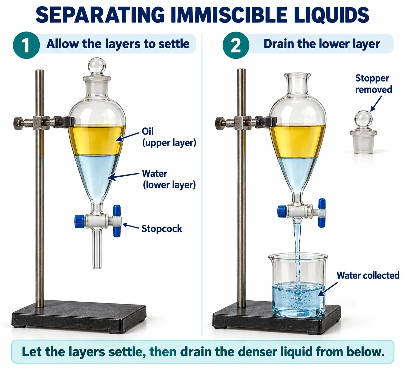 Separating funnel with oil as the upper layer and water as the lower layer, and the water drained through the stopcock into a beaker