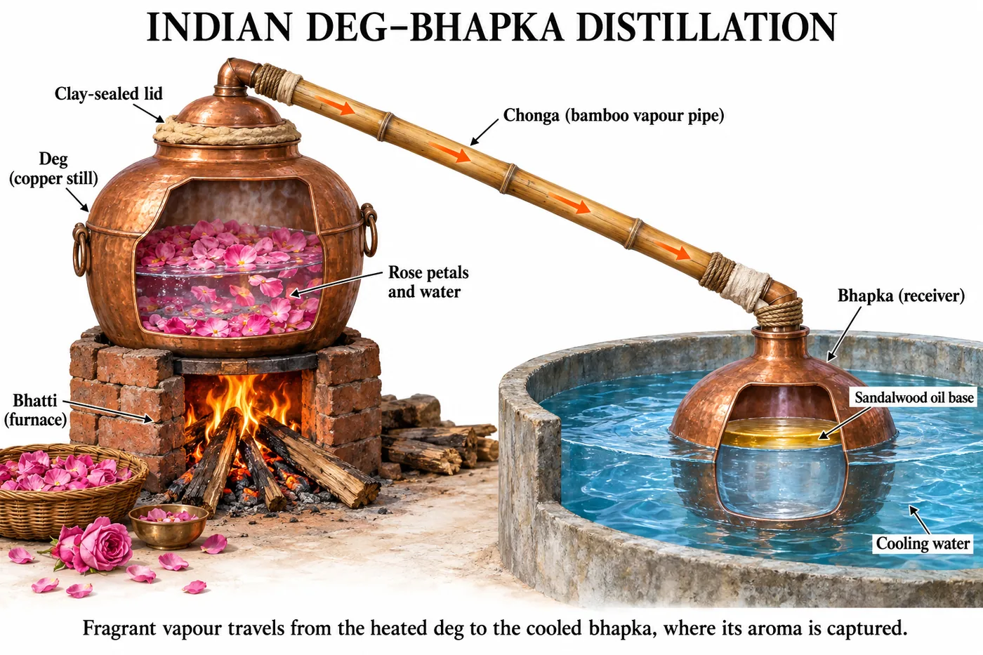 Copper deg with rose petals and water heated on a bhatti furnace, a bamboo chonga pipe carrying vapour to a bhapka receiver in cooling water with sandalwood oil