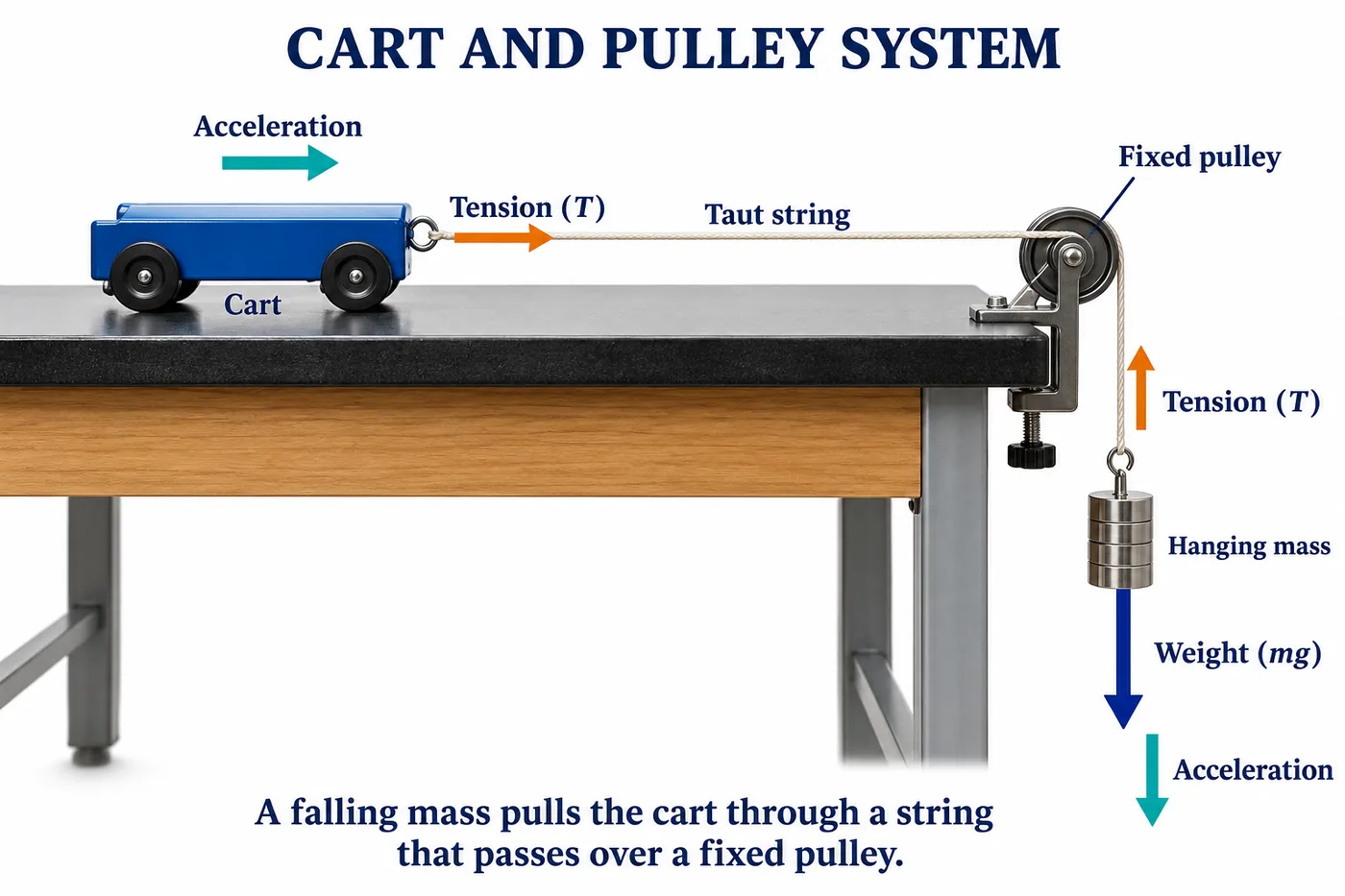 A cart on a table connected by a taut string over a fixed pulley to a hanging mass, with tension on both and weight of the hanging mass downward