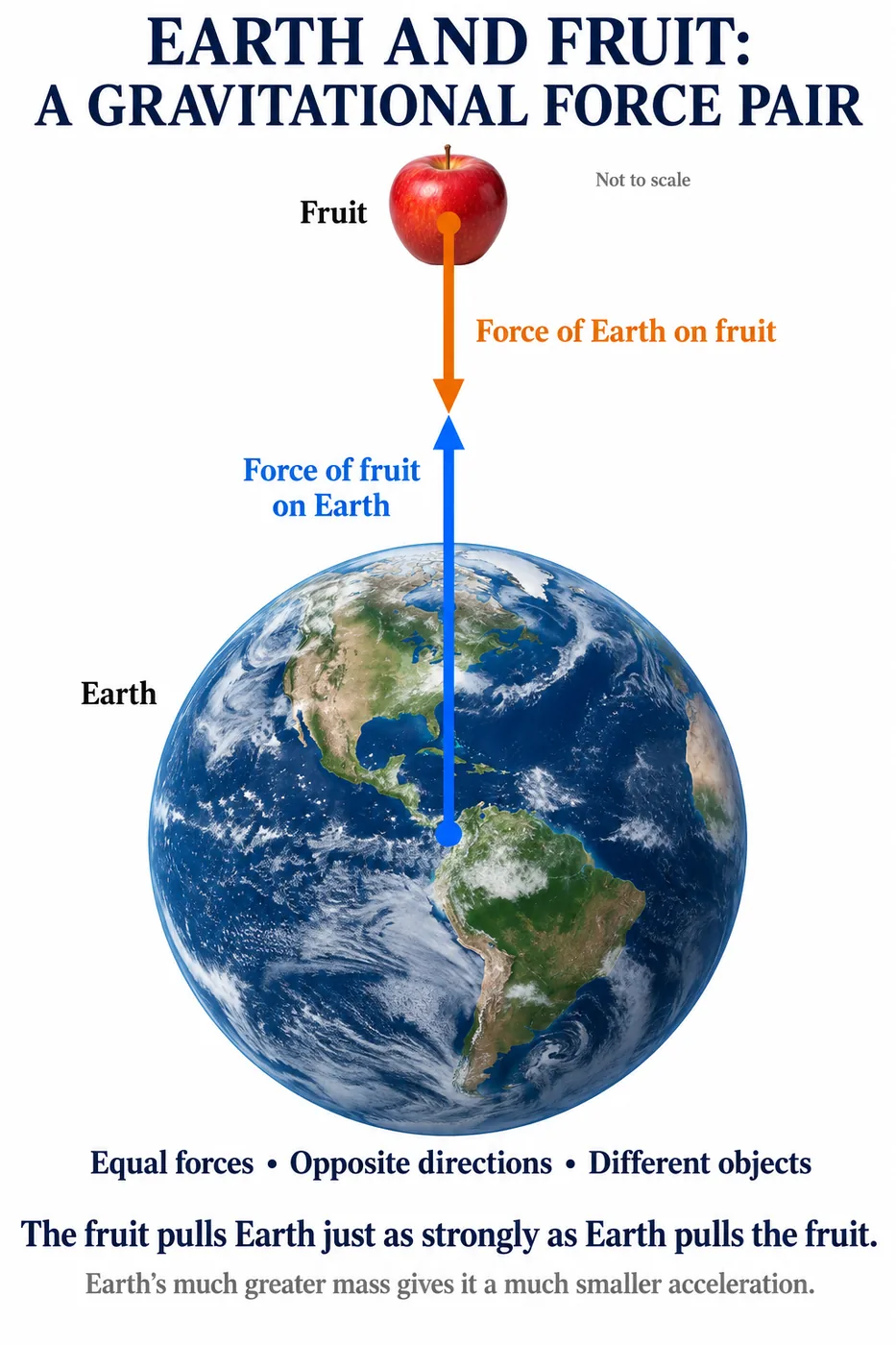 A fruit above the Earth with the force of Earth on fruit pointing down and the force of fruit on Earth pointing up