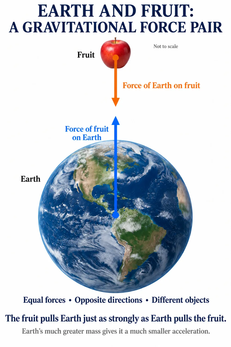 Another view of the Earth–fruit force pair with forces on the fruit and on the Earth in opposite directions