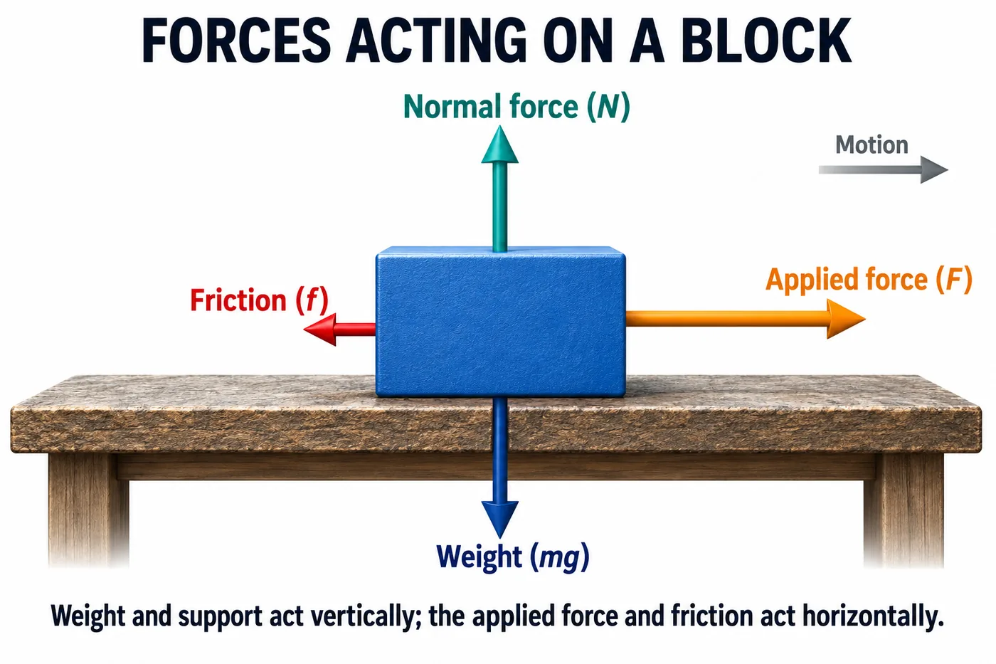 A block on a table with normal force upward, weight downward, applied force to the right and friction to the left