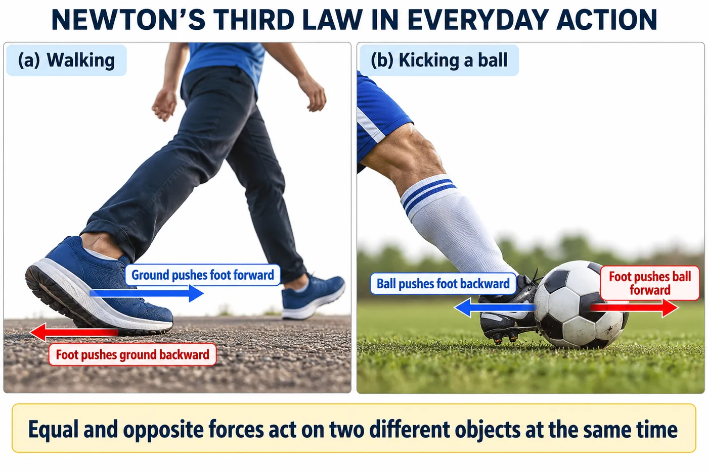 While walking, the foot pushes the ground backward and the ground pushes the foot forward; while kicking, the foot pushes the ball forward and the ball pushes the foot backward