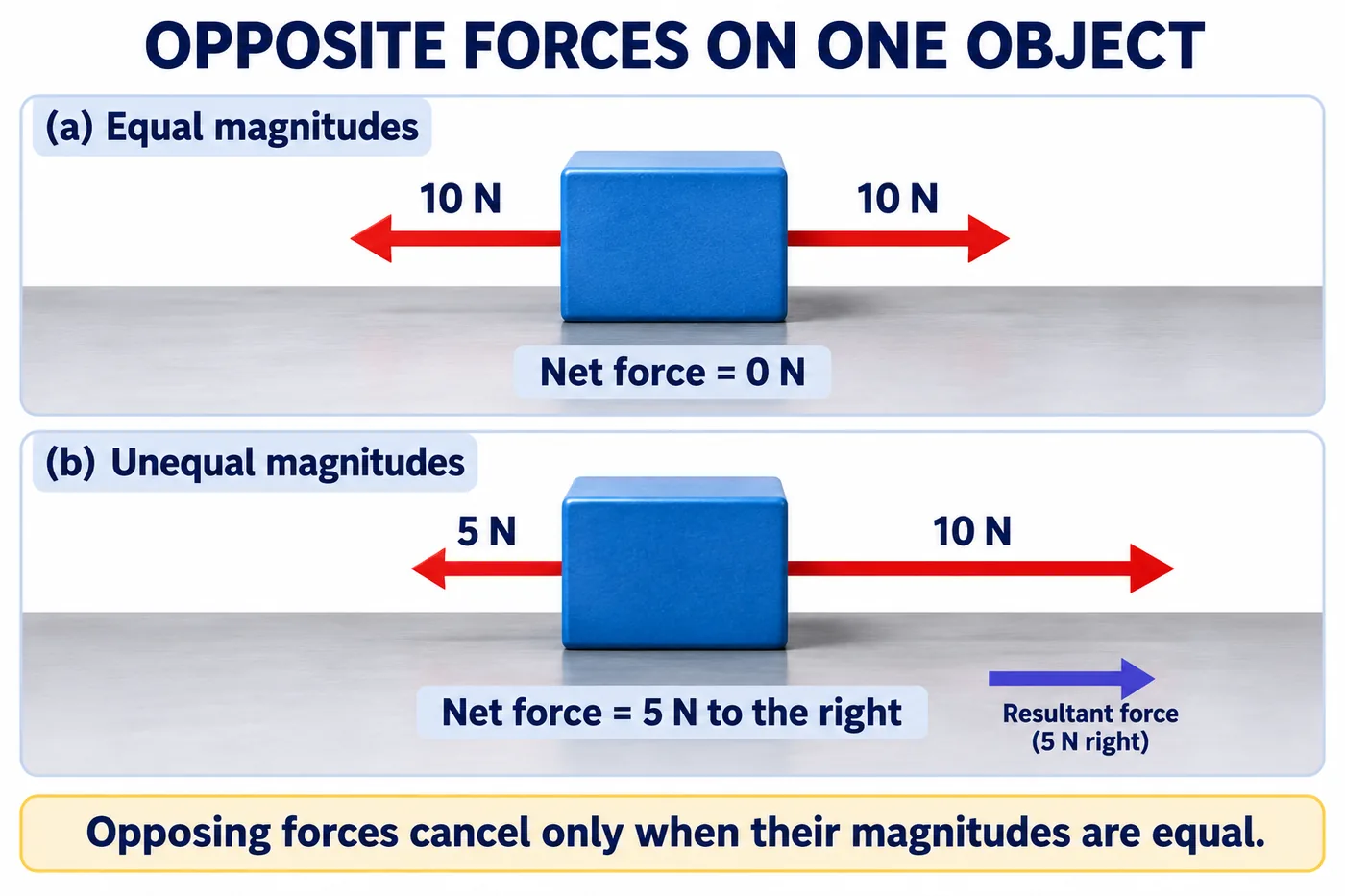 A block with equal 10 N forces on both sides giving zero net force, and with 5 N left and 10 N right giving 5 N net to the right
