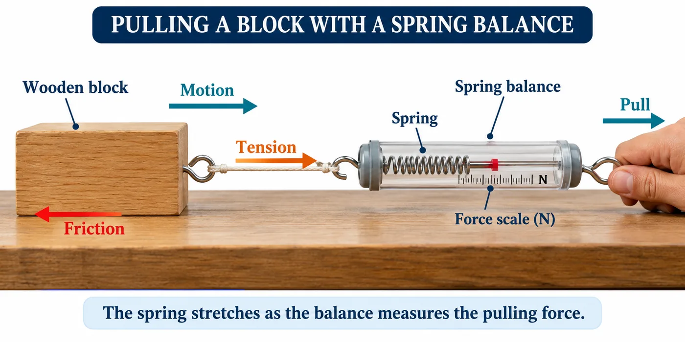 A wooden block pulled across a table by a spring balance, with tension forward and friction backward