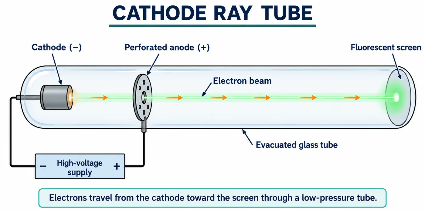 An evacuated glass tube with a cathode, a perforated anode and a fluorescent screen; an electron beam travels from the cathode to the screen, powered by a high-voltage supply