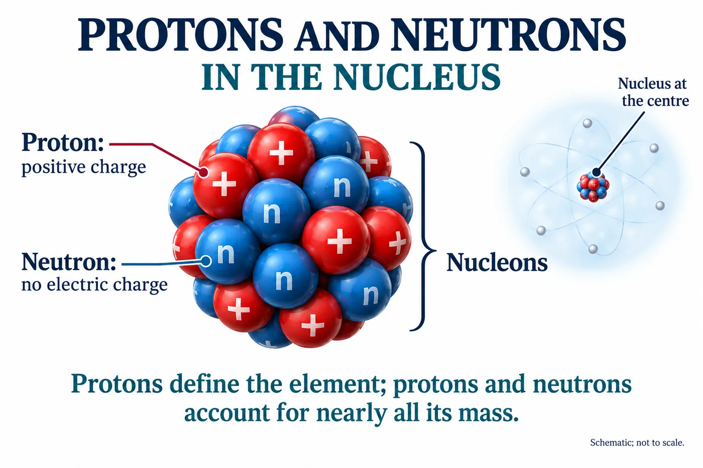A nucleus made of red positively charged protons and blue neutral neutrons, with the nucleus shown tiny at the centre of an atom