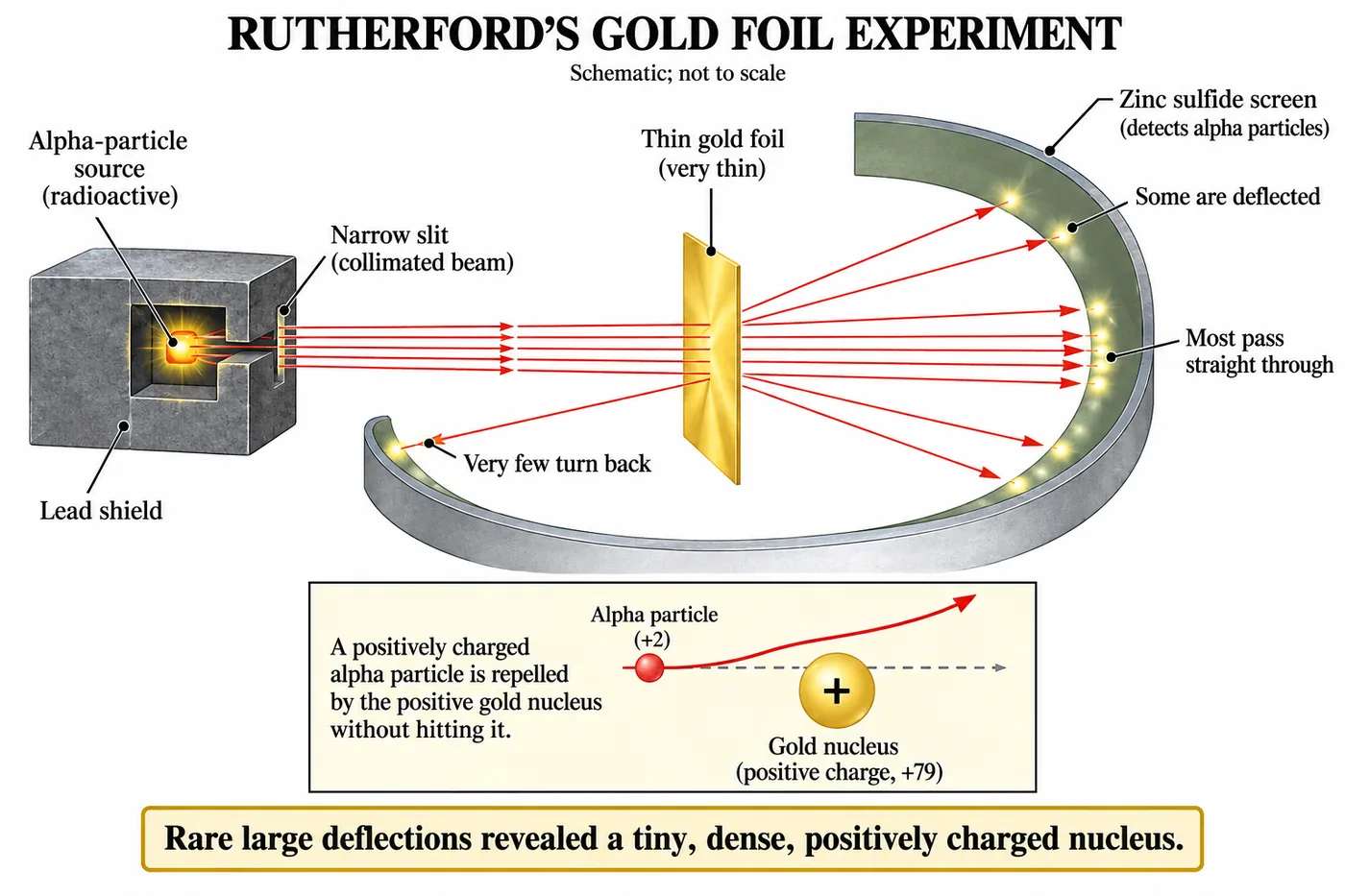 Alpha particles from a radioactive source in a lead shield pass through a thin gold foil to a zinc sulphide screen; most pass straight, some are deflected and very few turn back; inset shows an alpha particle repelled by a positive gold nucleus