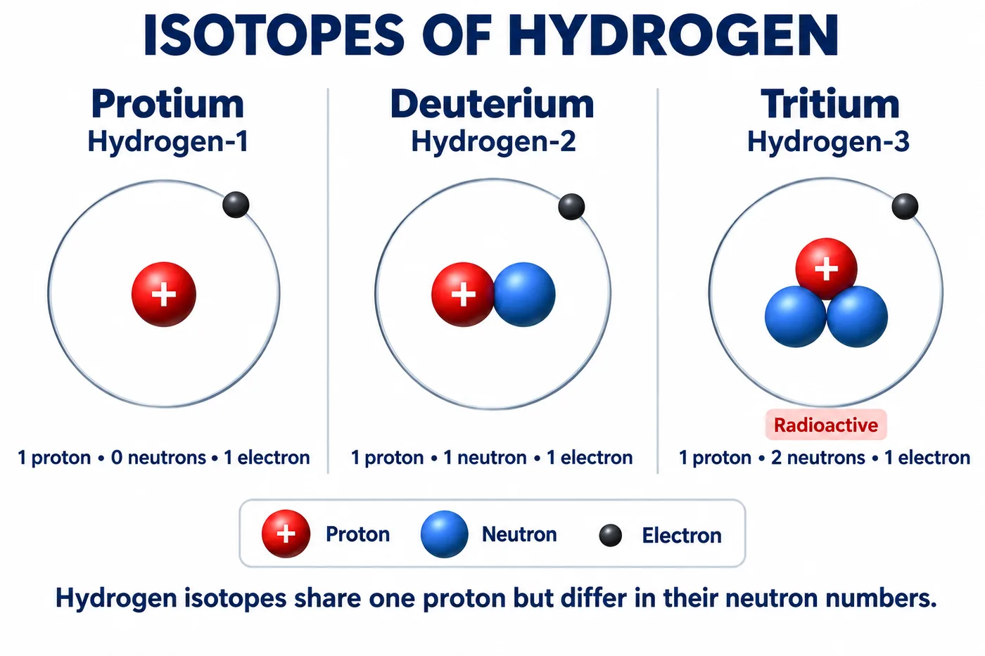 Protium with 1 proton and 0 neutrons, deuterium with 1 proton and 1 neutron, and radioactive tritium with 1 proton and 2 neutrons