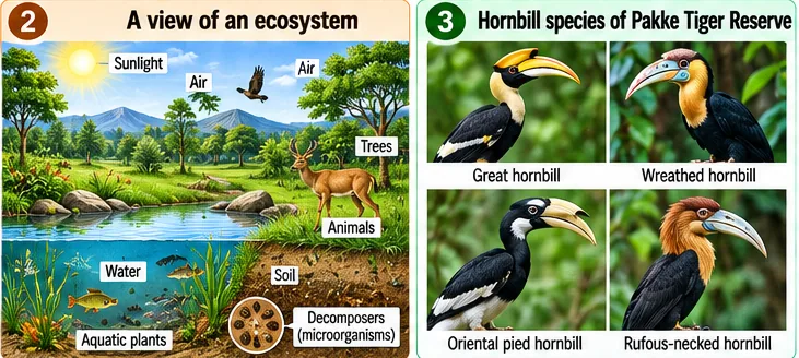 An ecosystem with sunlight, air, water, soil, plants, animals and decomposers, and four hornbill species of Pakke Tiger Reserve: great, wreathed, oriental pied and rufous-necked hornbill