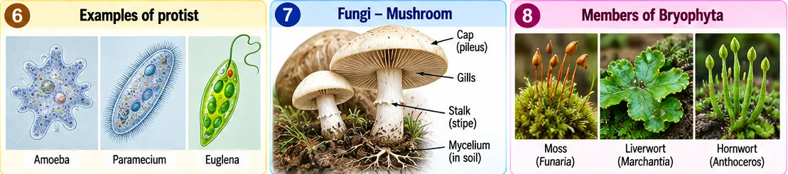 Protists Amoeba, Paramecium and Euglena; a mushroom with cap, gills, stalk and mycelium; and bryophytes moss, liverwort and hornwort