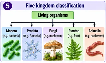 Living organisms divided into Monera (bacteria), Protista (Amoeba), Fungi (mushroom), Plantae (fern) and Animalia (earthworm)