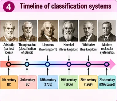 Timeline from Aristotle (4th century BC) and Theophrastus (3rd century BC) to Linnaeus’s two kingdoms (1735), Haeckel’s three kingdoms (1866), Whittaker’s five kingdoms (1969) and modern molecular systematics