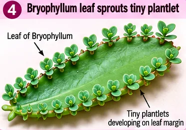 A Bryophyllum leaf with many tiny plantlets developing along its margin