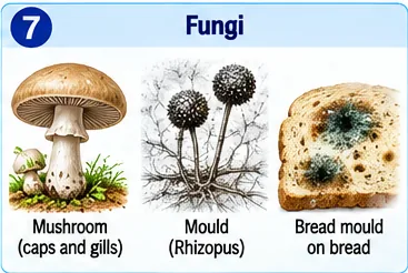 A mushroom with cap and gills, Rhizopus mould with spore cases, and bread mould on a slice of bread
