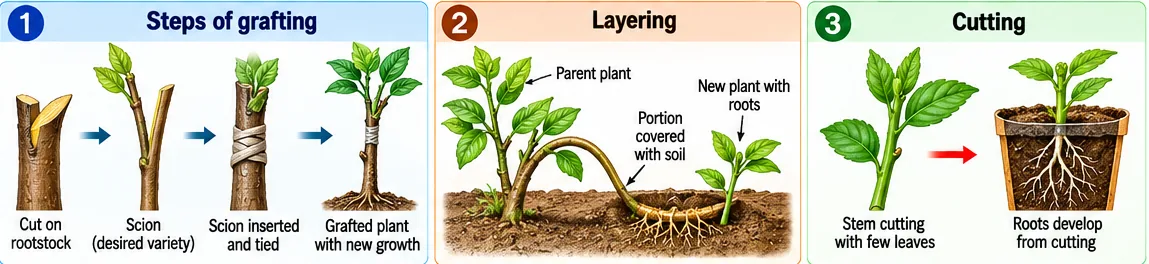 Steps of grafting with rootstock and scion, layering with a branch covered with soil forming roots, and a stem cutting developing roots in a pot