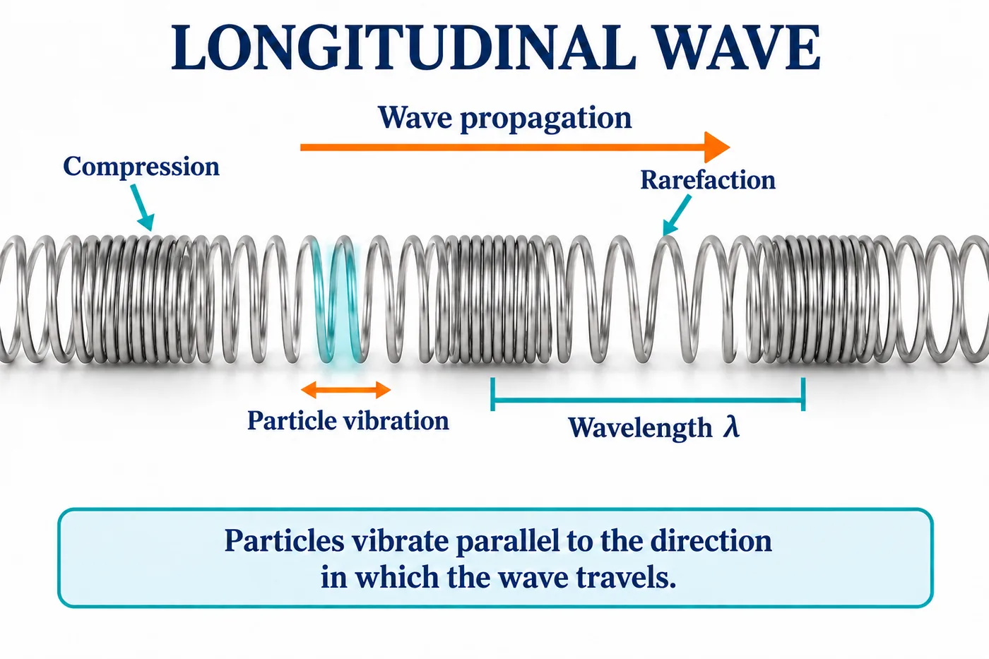 A slinky spring with compressions and rarefactions, particle vibration parallel to the wave direction and the wavelength marked
