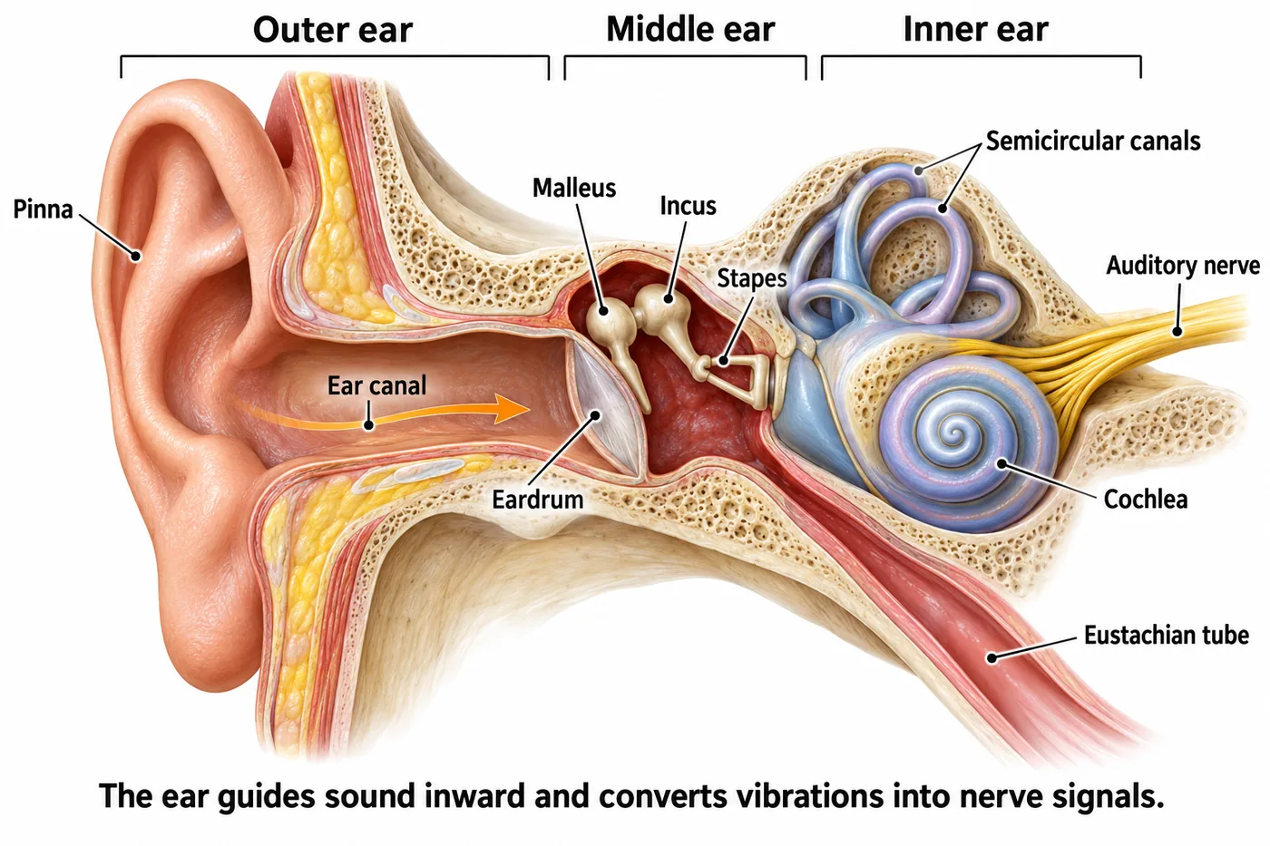 Cut-away of the human ear showing pinna, ear canal, eardrum, malleus, incus, stapes, semicircular canals, cochlea, auditory nerve and Eustachian tube