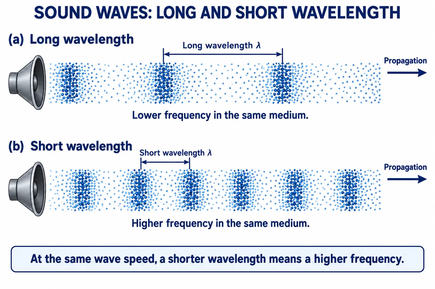 Sound from a speaker with long wavelength and lower frequency compared with short wavelength and higher frequency in the same medium