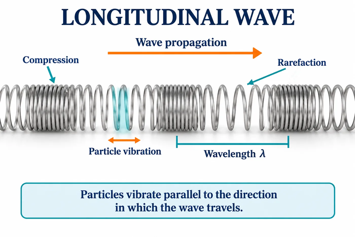 A slinky showing compressions, a rarefaction where coils are spread apart, particle vibration and one wavelength from compression to compression