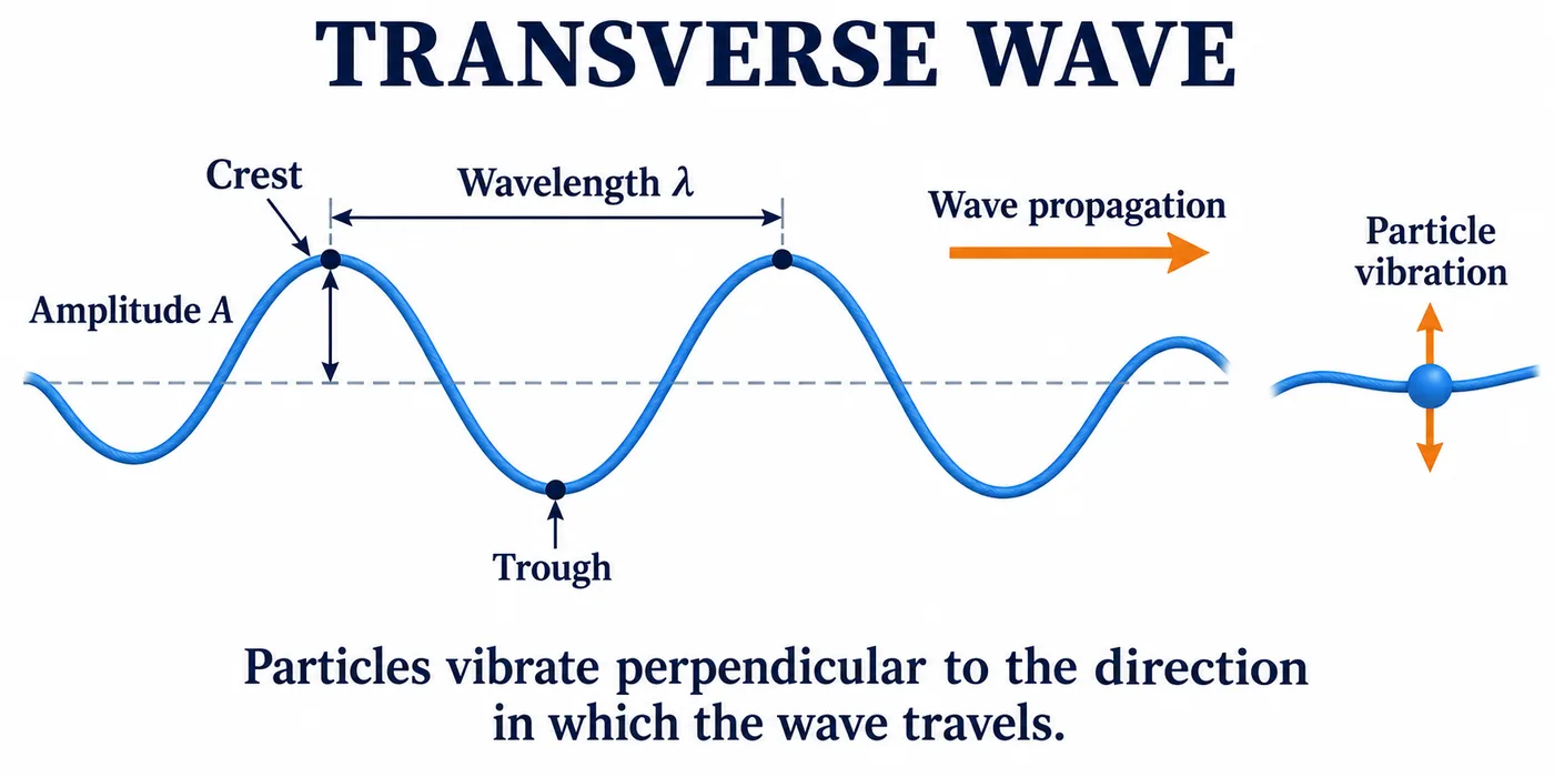 A transverse wave with crest, trough, amplitude, wavelength, propagation direction and a particle vibrating up and down