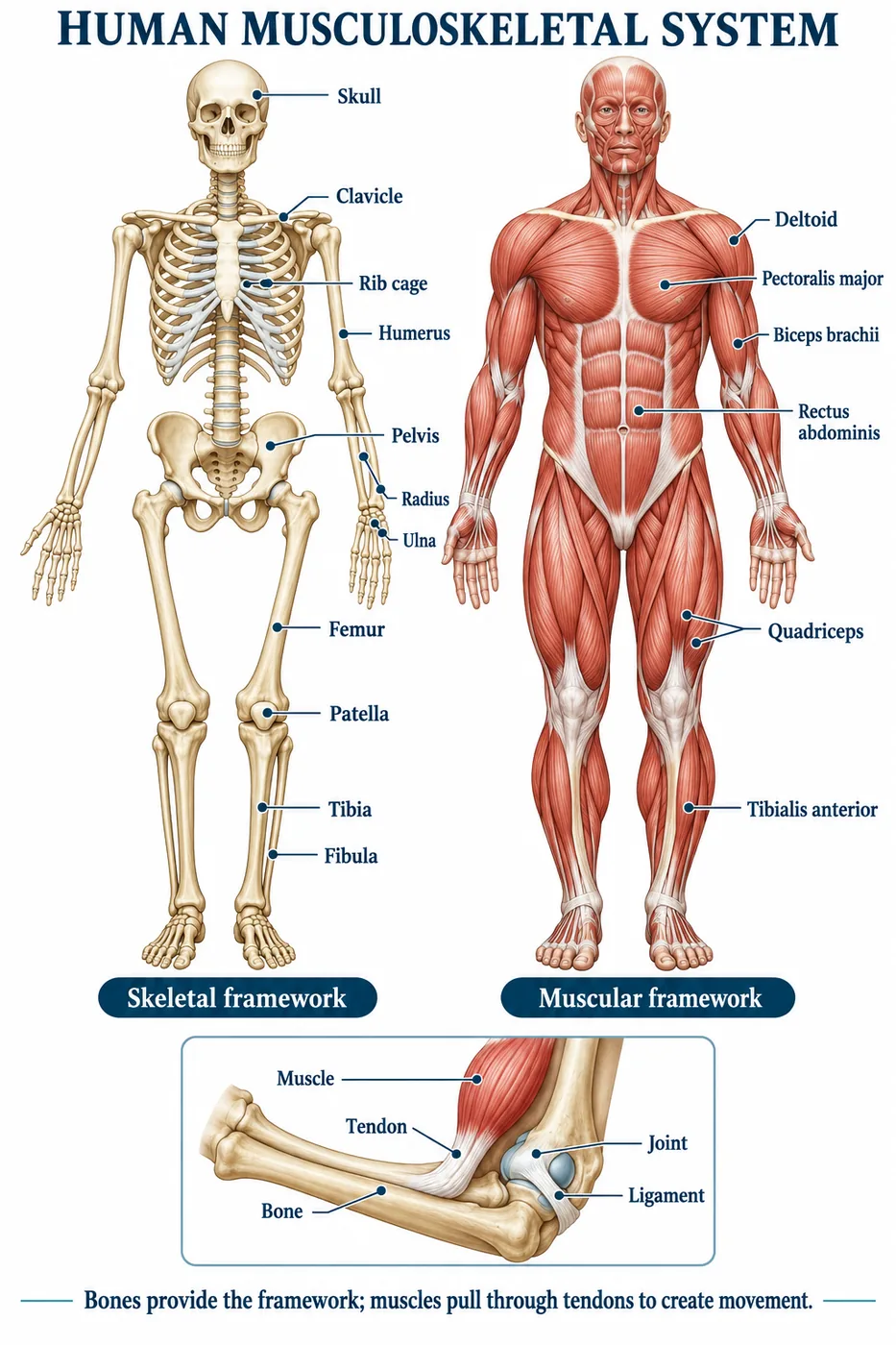 Human skeleton with skull, clavicle, rib cage, humerus, pelvis, radius, ulna, femur, patella, tibia and fibula beside the major muscles, and a close-up of muscle, tendon, bone, joint and ligament