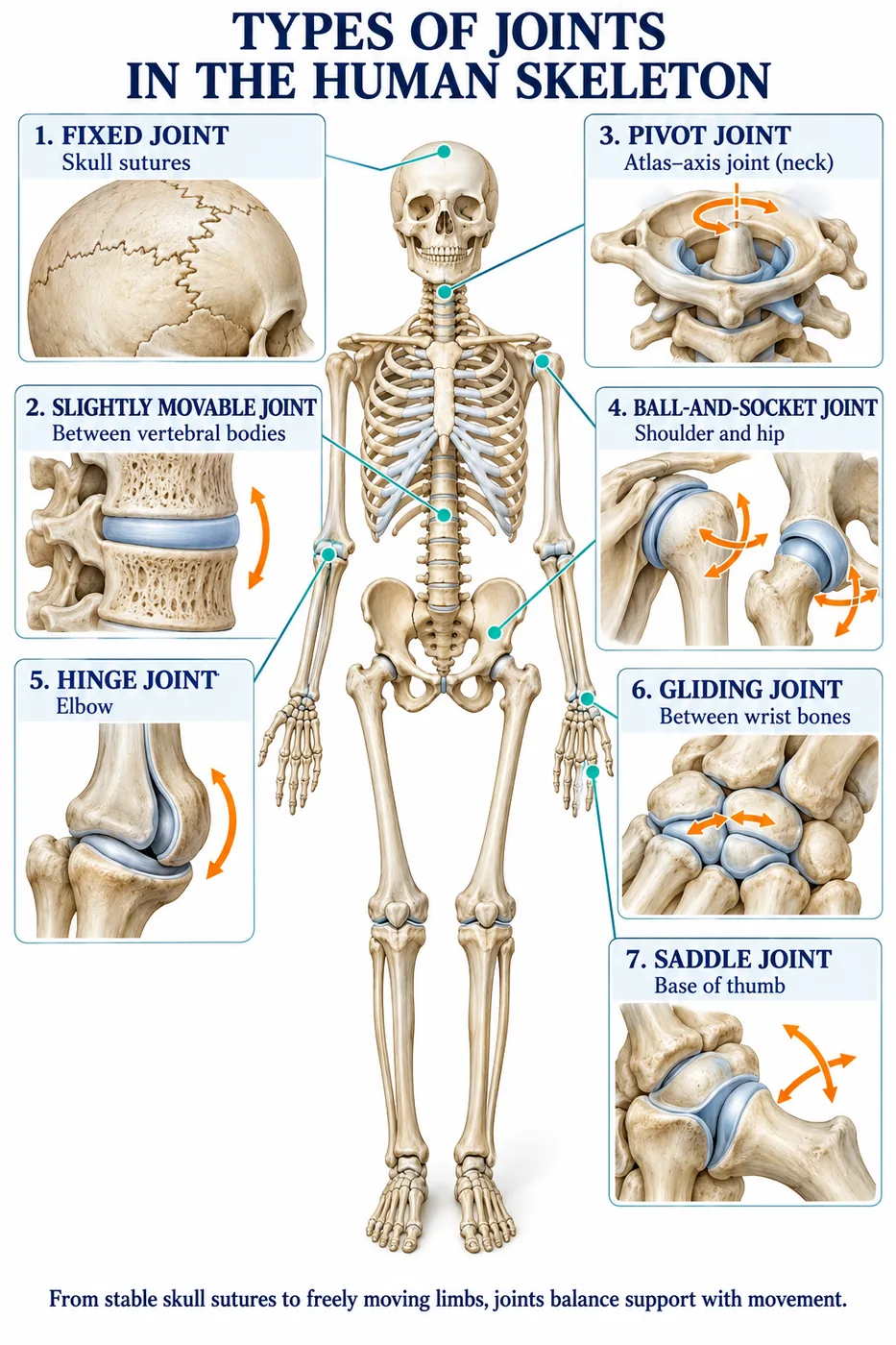 Skeleton showing fixed joint in skull sutures, slightly movable joint between vertebrae, pivot joint of neck, ball-and-socket joints of shoulder and hip, hinge joint of elbow, gliding joint of wrist and saddle joint of thumb
