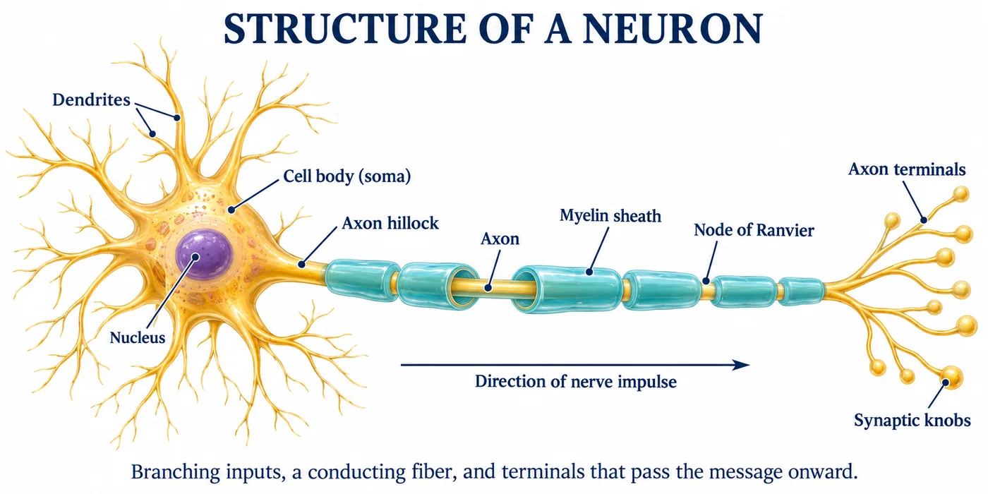 A neuron with dendrites, cell body with nucleus, axon hillock, myelinated axon with nodes of Ranvier, and axon terminals with synaptic knobs, showing the direction of impulse