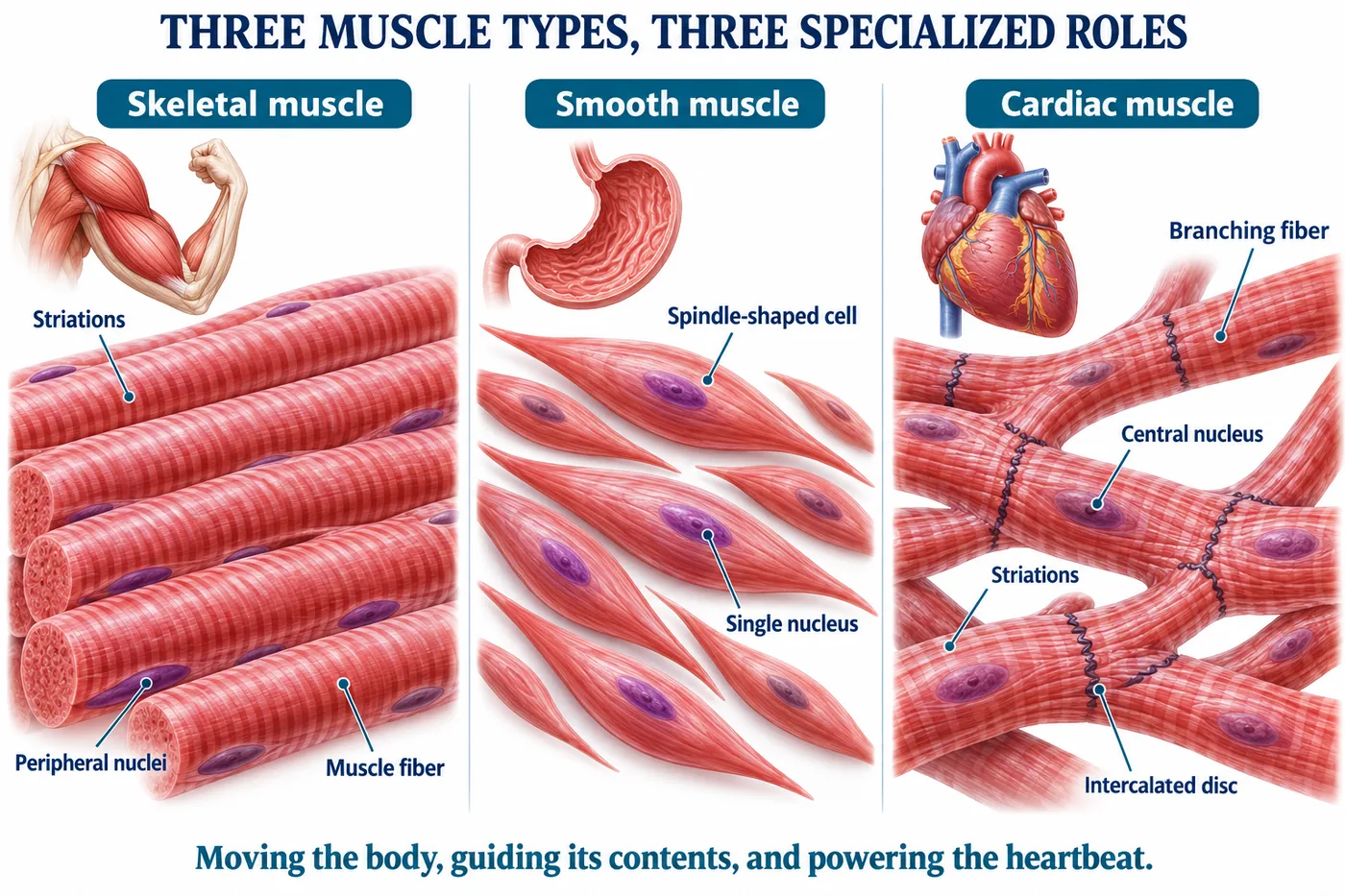 Skeletal muscle with striations and many peripheral nuclei, spindle-shaped smooth muscle cells with one nucleus, and branched cardiac muscle with intercalated discs