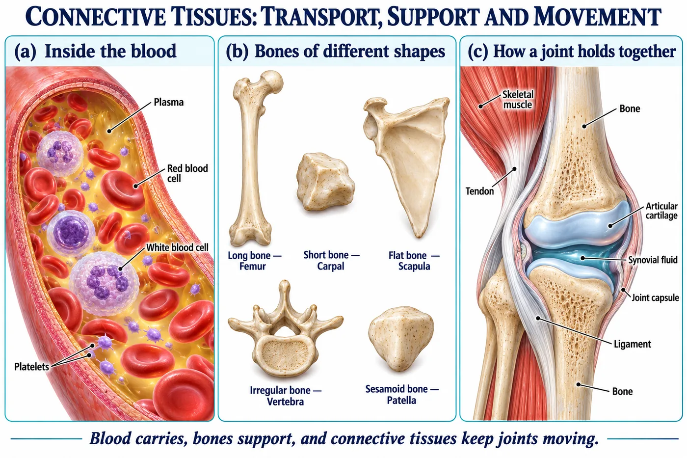 Blood with plasma, red cells, white cells and platelets; bones of different shapes; a knee joint with cartilage, synovial fluid, capsule, ligament and tendon