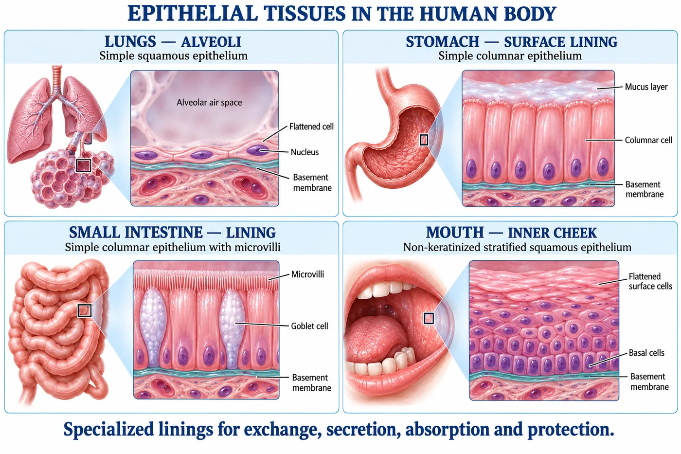 Simple squamous epithelium in lung alveoli, simple columnar epithelium in the stomach lining, columnar epithelium with microvilli in the small intestine, and stratified squamous epithelium in the inner cheek