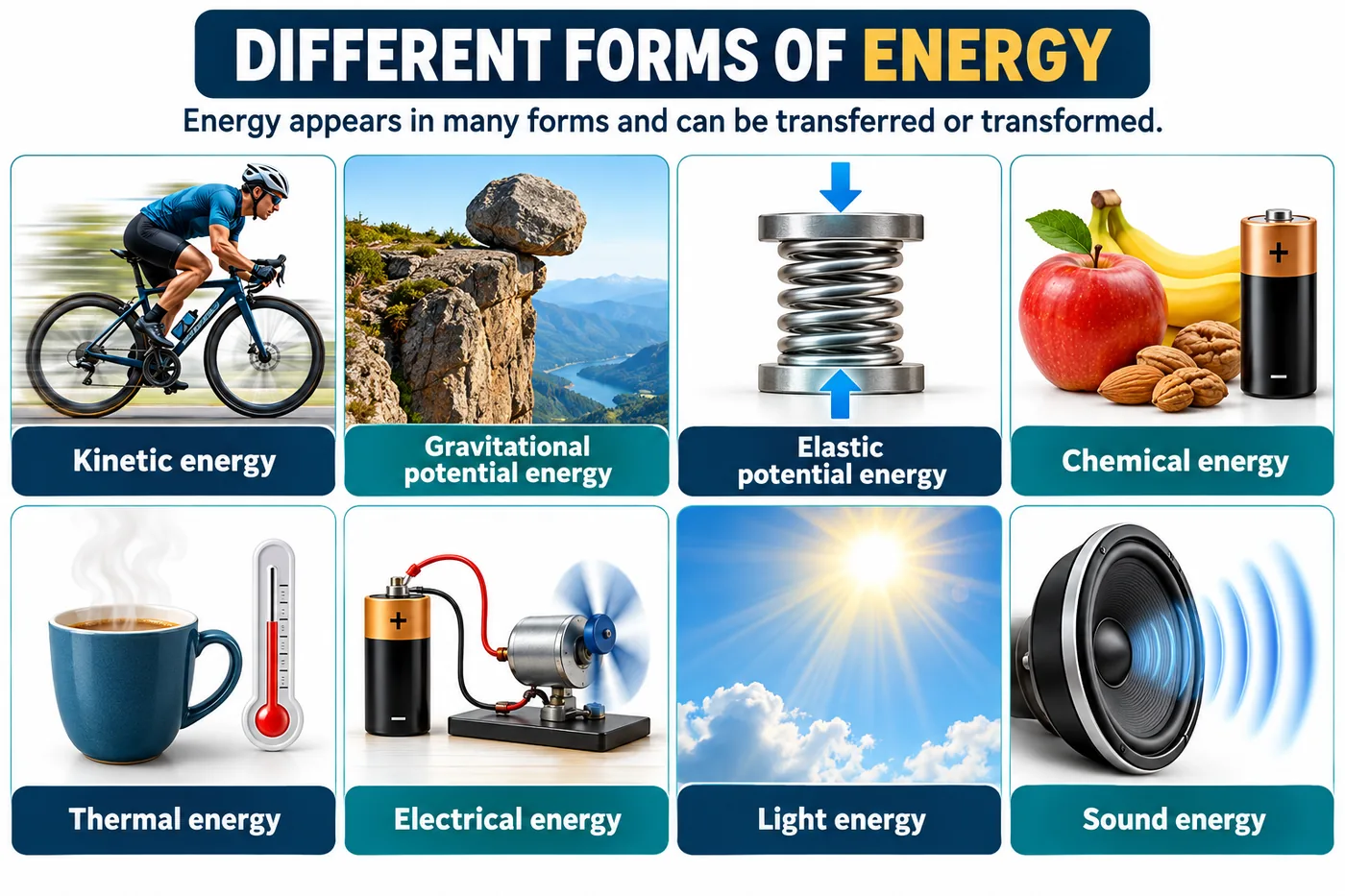 Kinetic energy of a cyclist, gravitational potential energy of a balanced rock, elastic potential energy of a spring, chemical energy in food and cells, thermal energy, electrical energy, light energy and sound energy