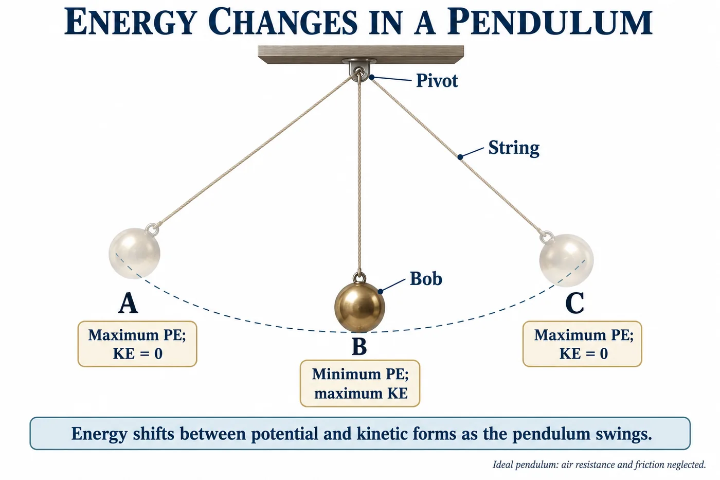 A pendulum with maximum potential energy and zero kinetic energy at the extremes A and C, and minimum potential energy with maximum kinetic energy at the lowest point B