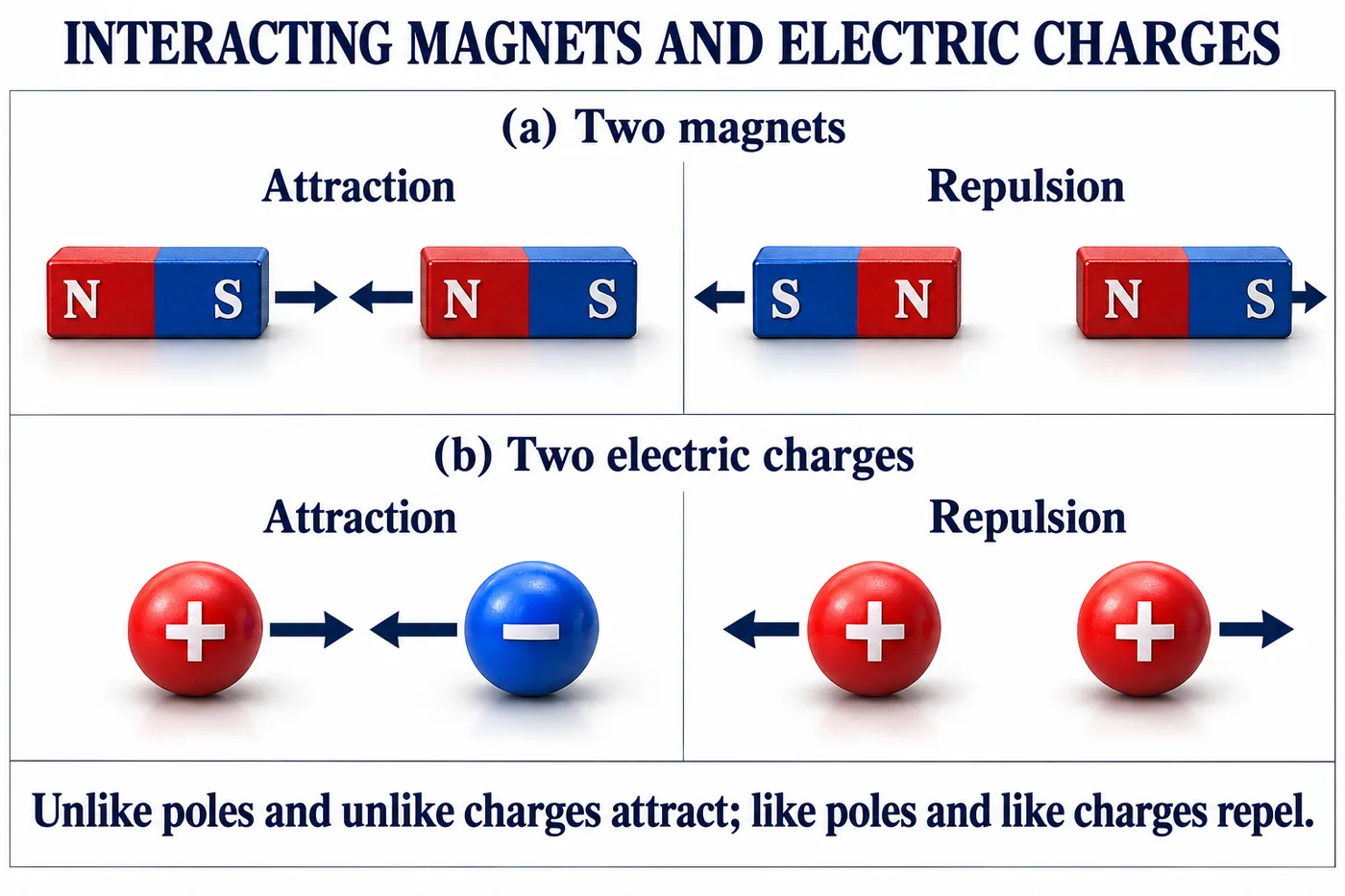 Two magnets attracting with unlike poles facing and repelling with like poles facing, and positive and negative charges attracting while two positive charges repel