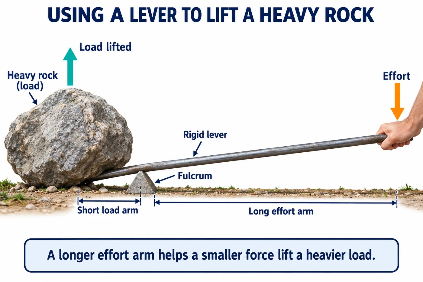 A long rigid lever on a fulcrum near a heavy rock, with a short load arm and long effort arm, lifting the rock with a small downward effort