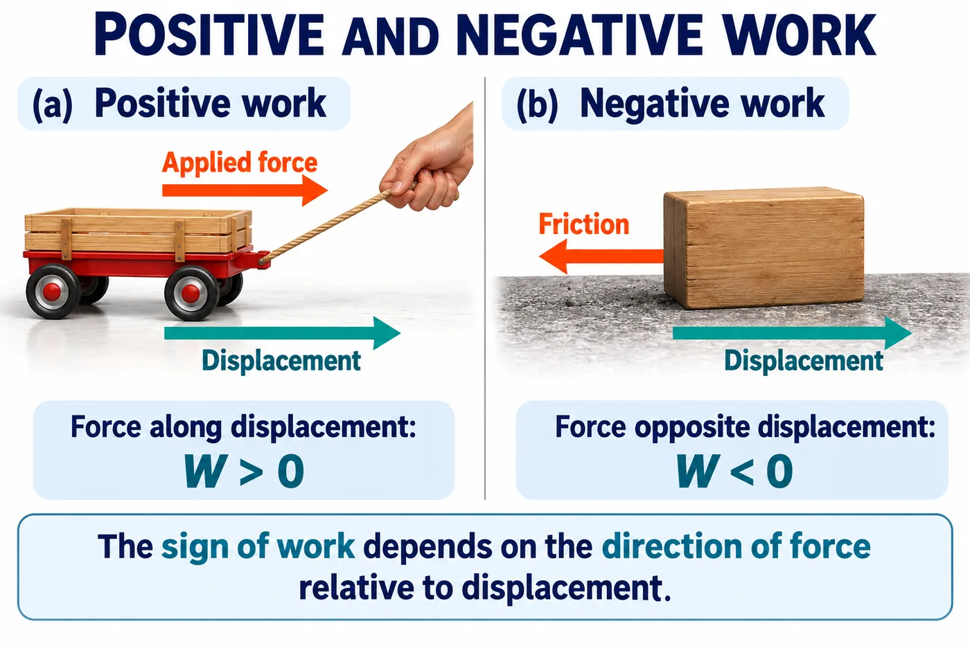 Applied force on a wagon in the direction of displacement doing positive work, and friction opposite to the displacement of a block doing negative work