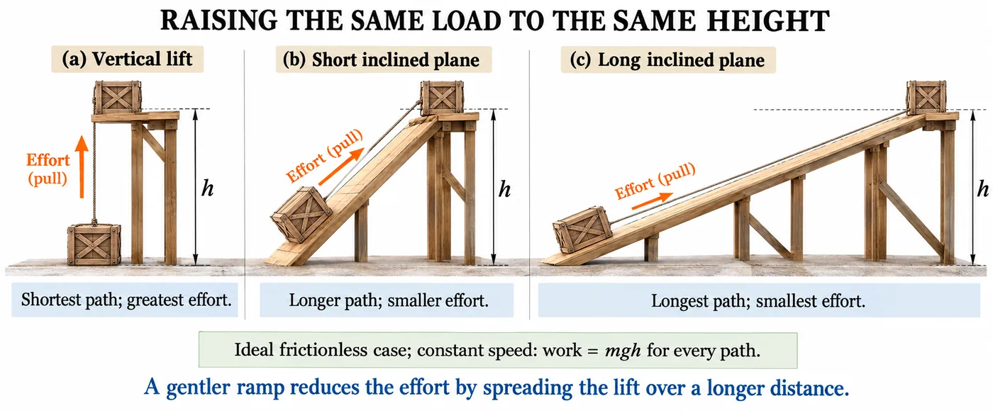 The same crate raised to the same height by a vertical lift, a short inclined plane and a long inclined plane; work equals mgh in each frictionless case