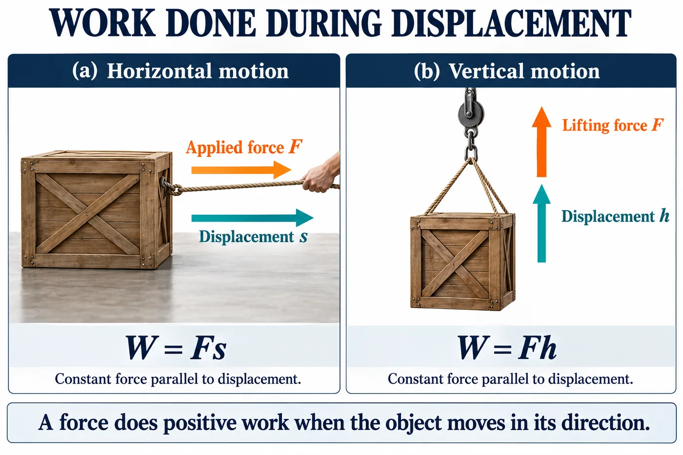 A crate pulled horizontally by a force F through displacement s, and a crate lifted vertically by force F through height h