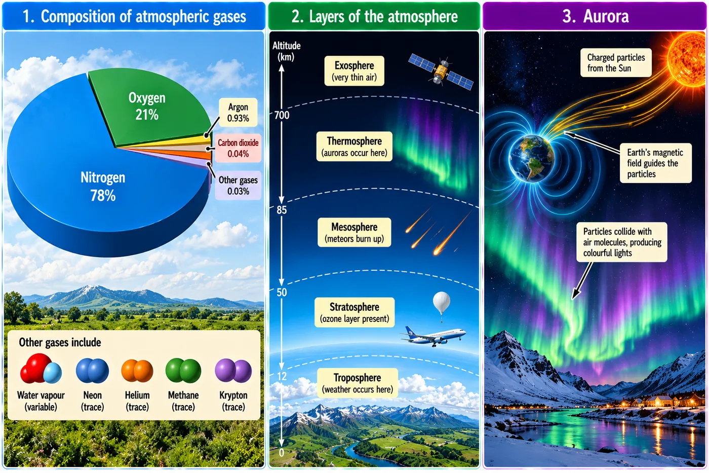 Infographic showing a pie chart of atmospheric gases, the five layers of the atmosphere from troposphere to exosphere with aeroplane, meteors, satellite and the ozone layer marked, and green auroras over the polar sky