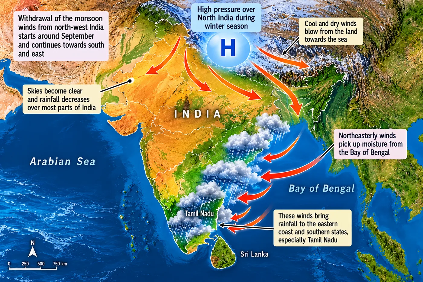 Map of India with lines showing normal dates of withdrawal of the south-west monsoon, starting from north-west India around 17 September and leaving the south by about 15 October