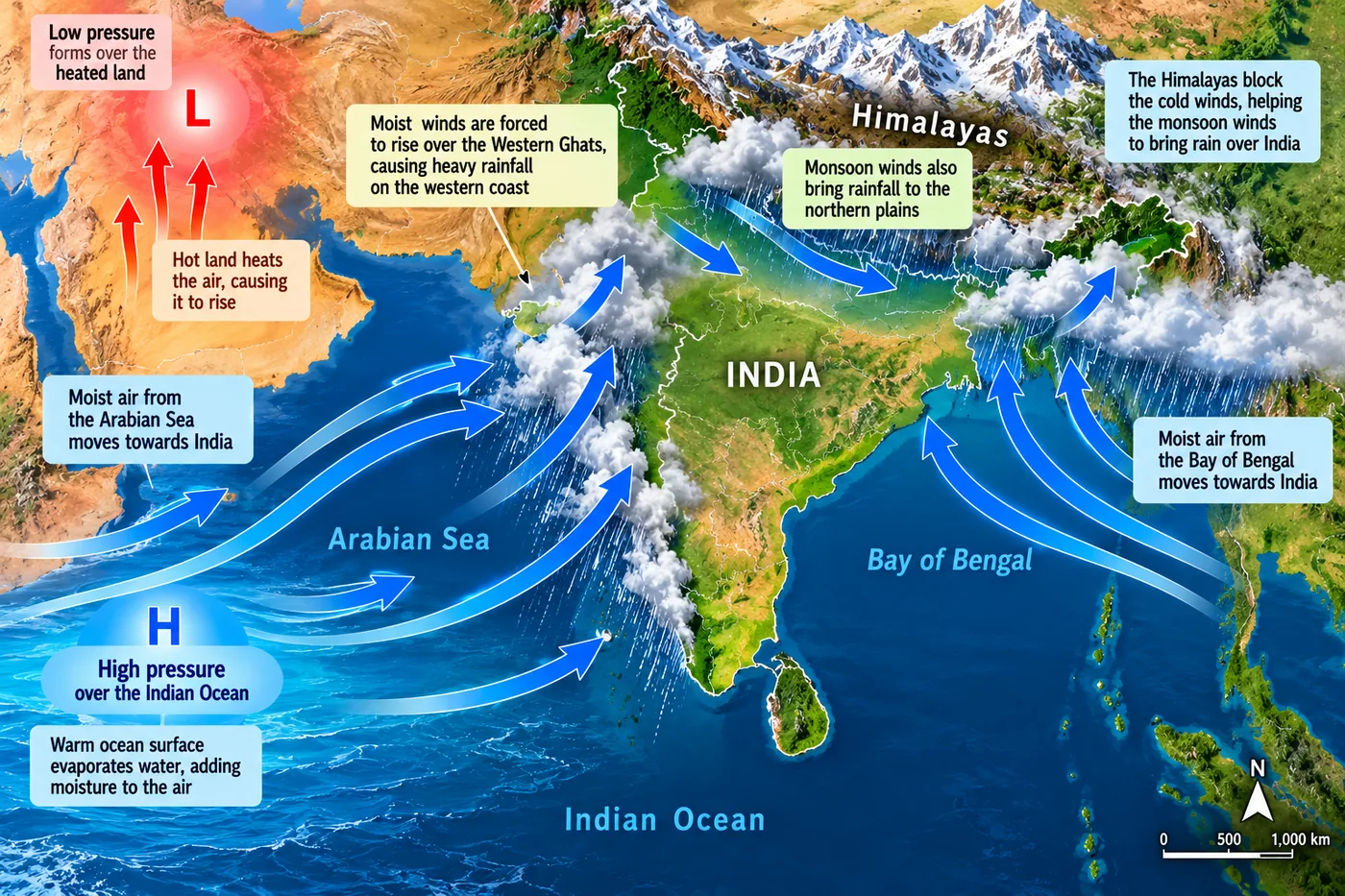 Map of India with lines showing normal dates of the advance of the south-west monsoon, from about 1 June in Kerala to about 8 July in north-west India, with arrows for the Arabian Sea and Bay of Bengal branches