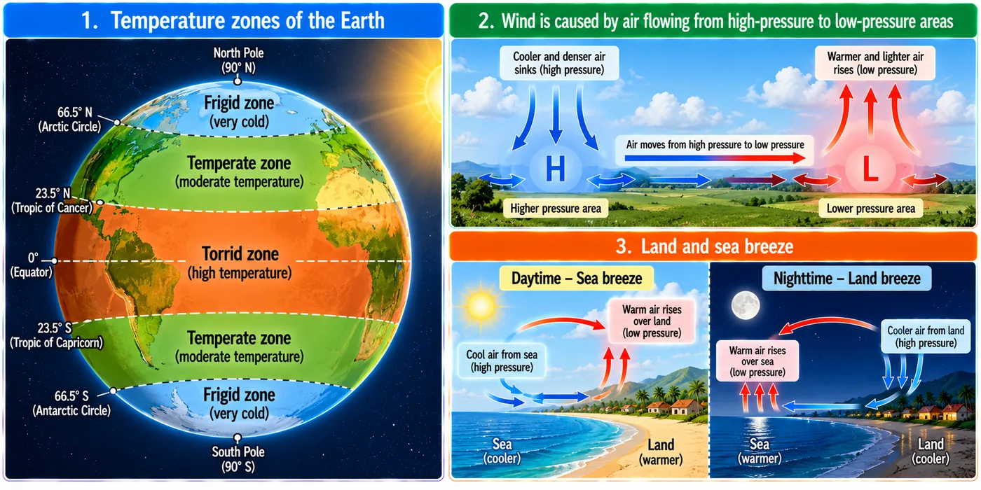 Infographic of the Earth's temperature zones — torrid, temperate and frigid — with sunlight angles, plus day-time sea breeze and night-time land breeze diagrams