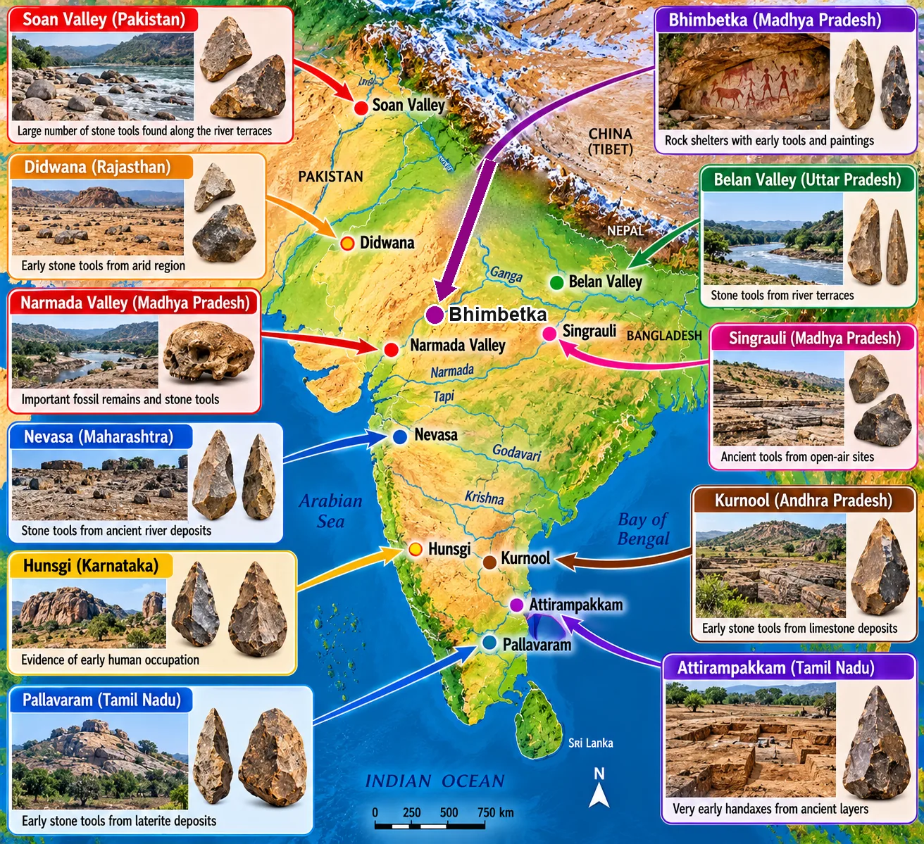 Map of the Indian subcontinent marking early human sites — Soan Valley, Didwana, Bhimbetka, Narmada Valley, Belan Valley, Singrauli, Nevasa, Hunsgi, Kurnool, Attirampakkam and Pallavaram — each with a photo of the site and its stone tools