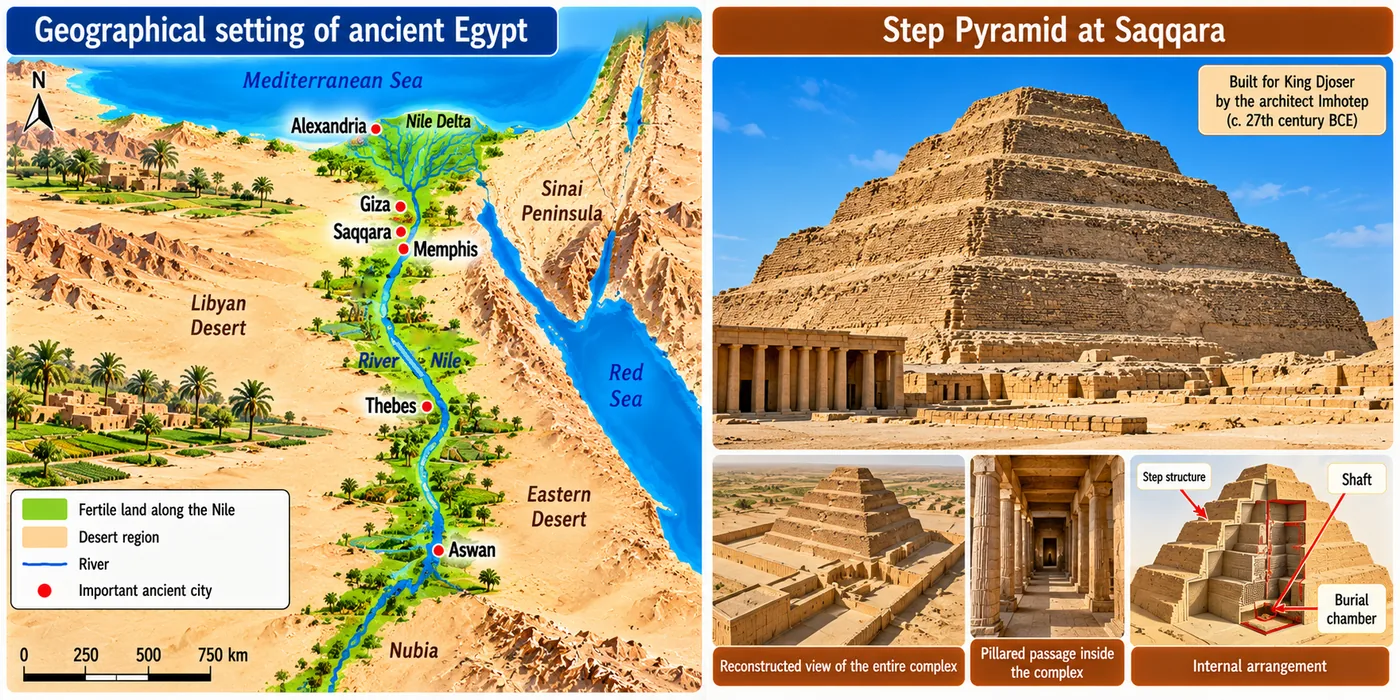 Left: map of Egypt showing the green strip of fertile land along the Nile between deserts, with Alexandria, Giza, Saqqara, Memphis, Thebes and Aswan. Right: the Step Pyramid at Saqqara with views of its complex and a cut-away of its burial shaft