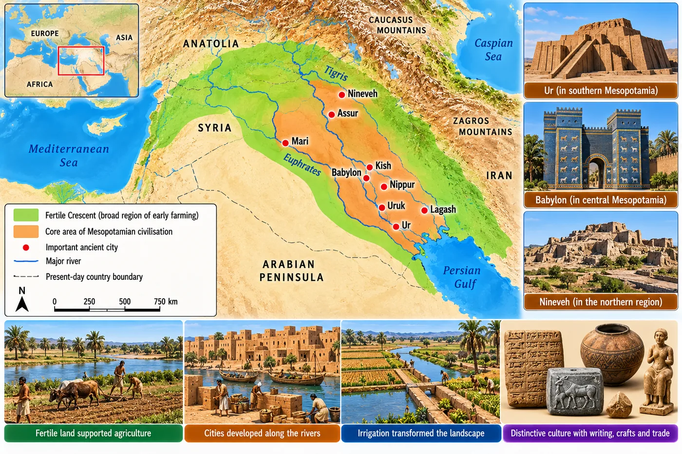 Map of the Fertile Crescent and Mesopotamia between the Tigris and Euphrates, marking Nineveh, Assur, Mari, Babylon, Kish, Nippur, Uruk, Ur and Lagash, with pictures of a ziggurat, the Ishtar Gate of Babylon, Nineveh and scenes of farming, cities and irrigation